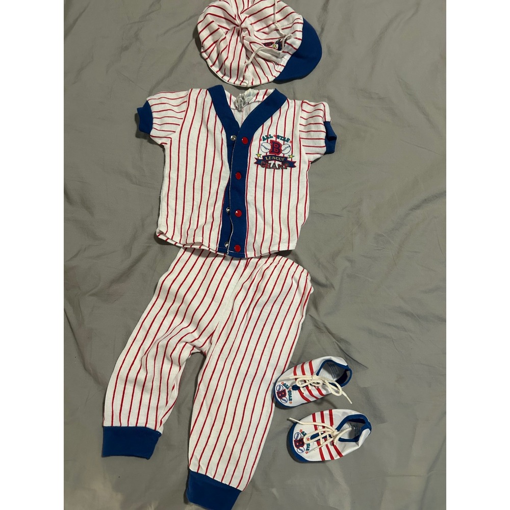 Vintage Buildwise Baby Baseball Uniform Set 3-6 Months Pinstripe 4pc Outfit Hat